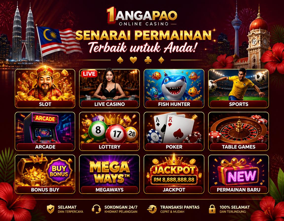 Adegan koleksi game 1angpau dengan meja live, kad, cip, reel dan ganjaran kasino